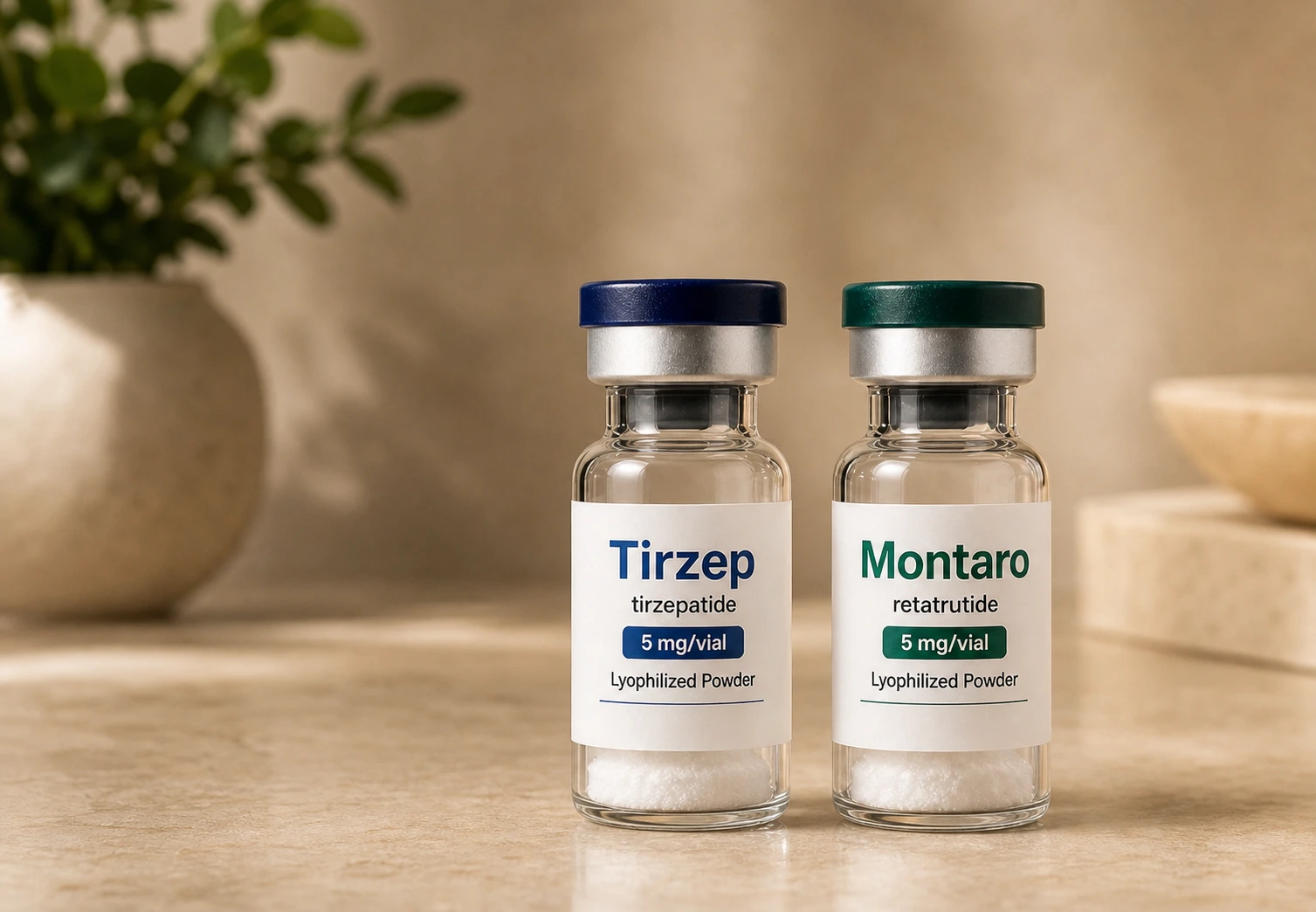 Tirzep and Montaro vial-care kit laid out on warm stone