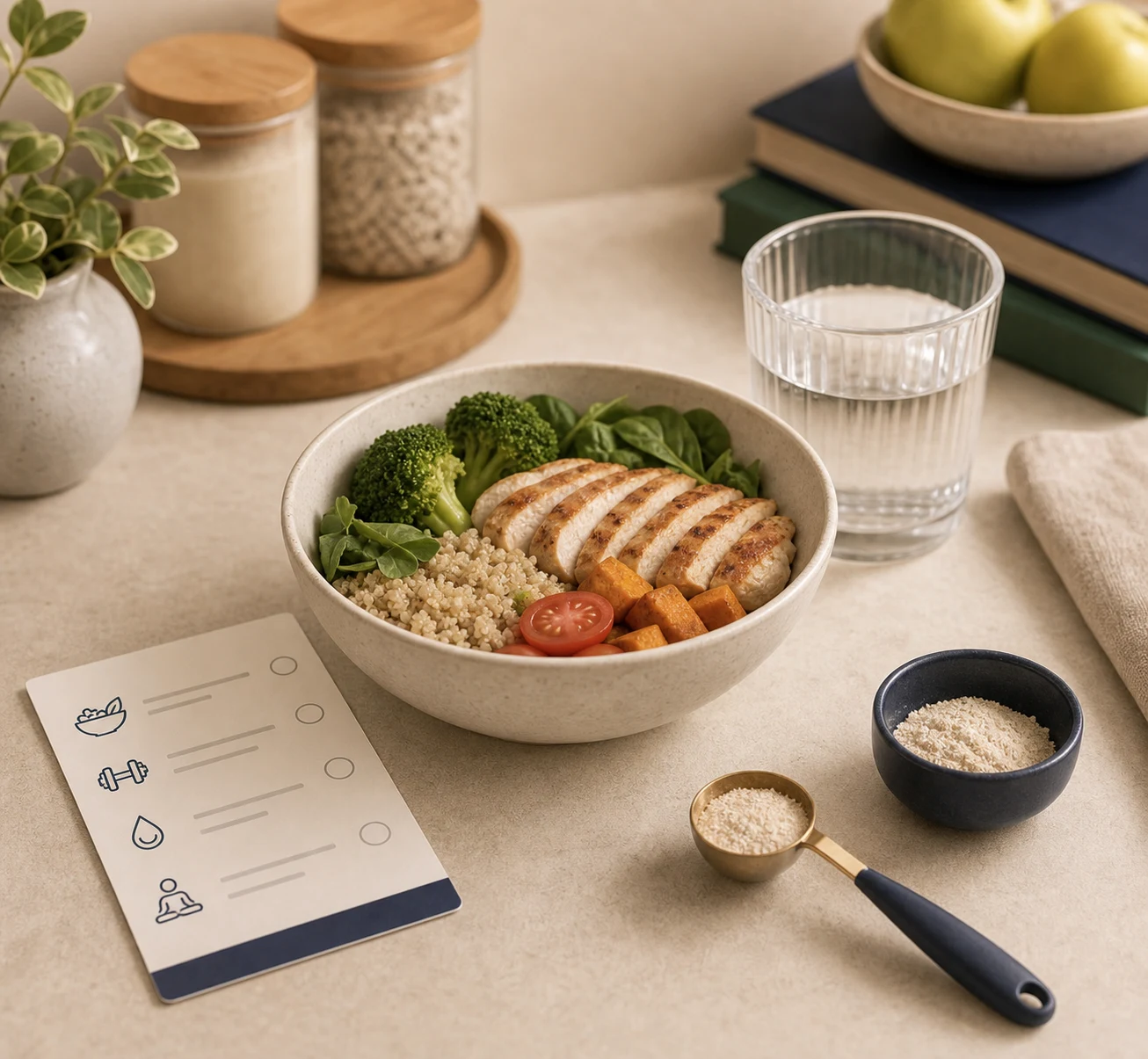 Balanced meal and routine guidance card on a warm desk