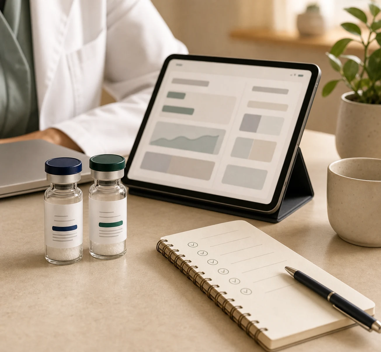 Provider follow-up setup with progress review, notebook, and two vials