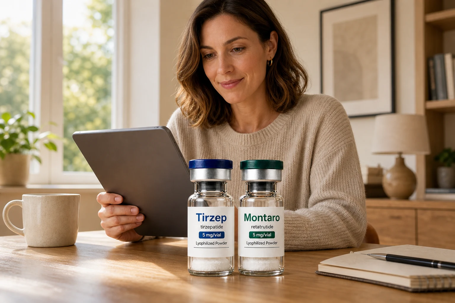 Tirzep and Montaro vial options with a person reviewing a care plan
