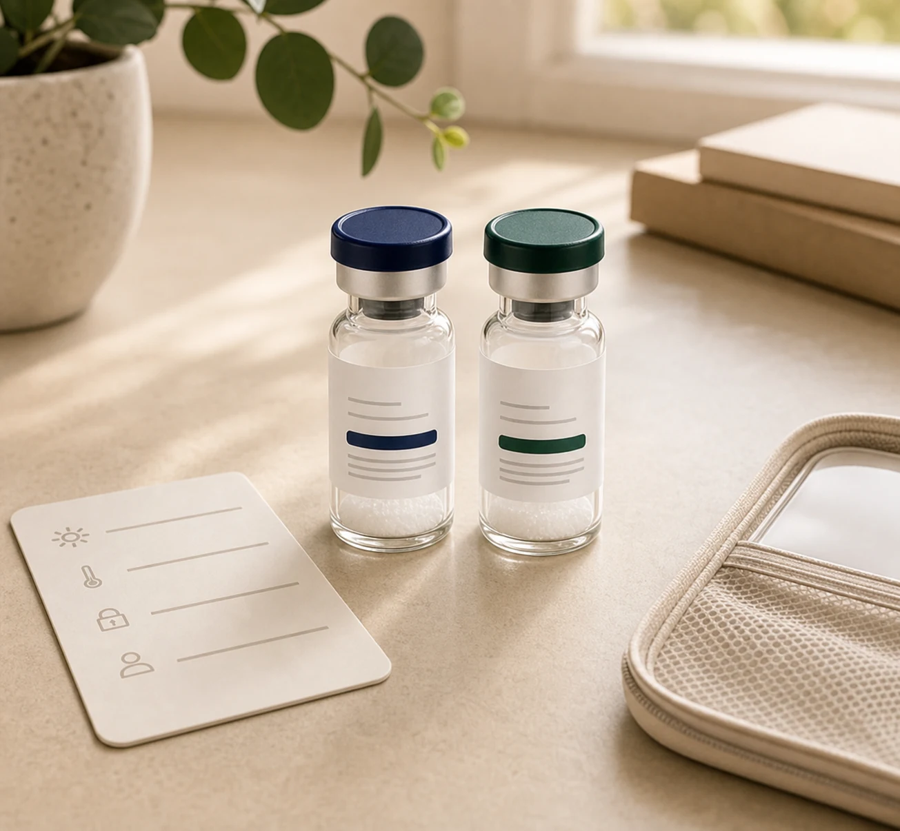 Two lyophilized powder vials beside an abstract care instruction card